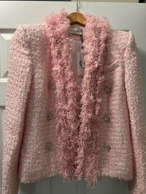 Textured Pink Bouclé Double-Breasted Blazer with Fringe Trim